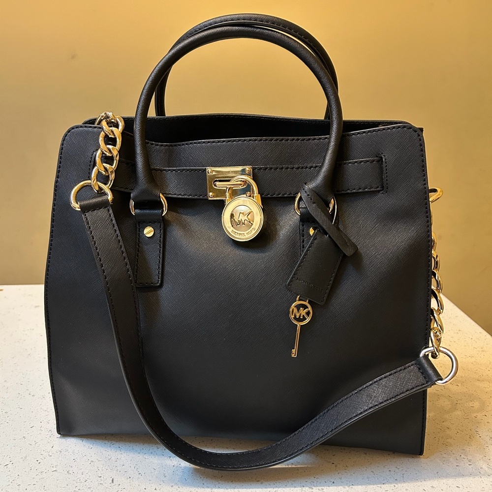 Michael Kors Hamilton XL Black Saffiano Leather Handbag with Gold Detail NWOT